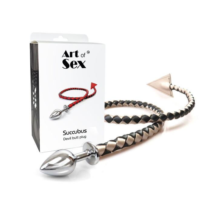 Металлическая анальная пробка L с дьявольским хвостом Art of Sex - Succubus, экокожа, черный/золото