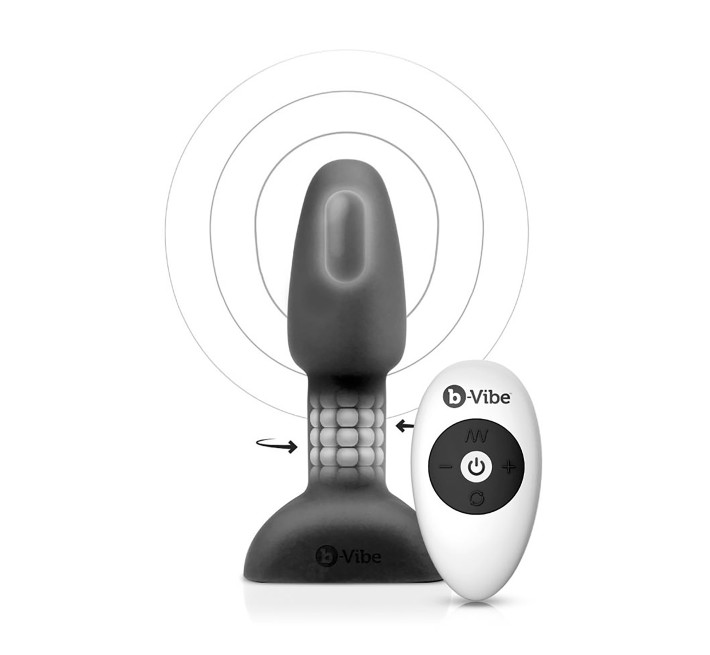 Анальна пробка з вібрацією і кульками, що обертаються B-Vibe Rimming Petite, з пультом, Чорна