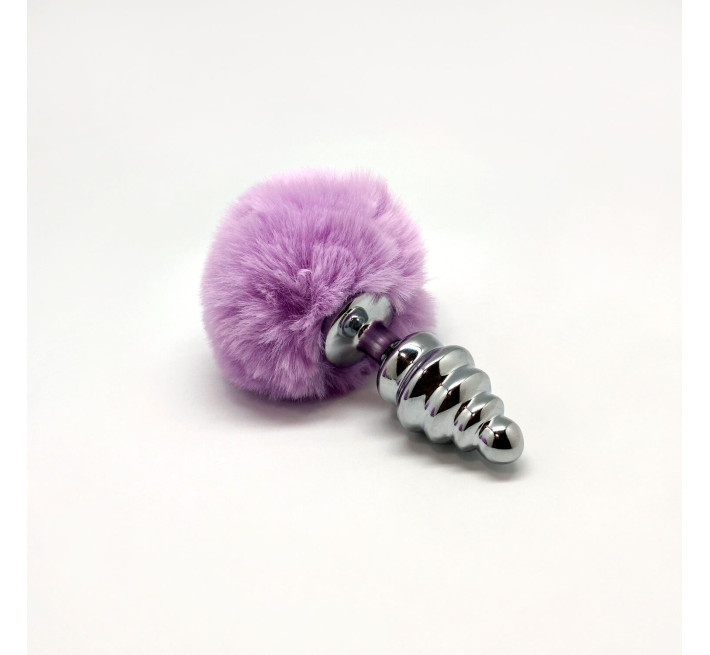 Металева анальна пробка Кролячий хвостик Alive Fluffy Twist Plug M Purple, діаметр 3,4 см