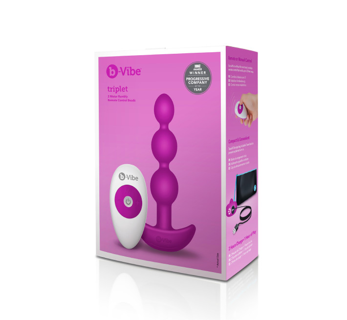 Анальні кульки з пультом, 2 мотори B-Vibe TRIPLET ANAL BEADS, фуксія