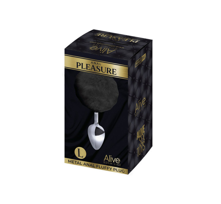 Металева анальна пробка Кролячий хвостик Alive Fluffy Plug L Black, діаметр 3,9 см