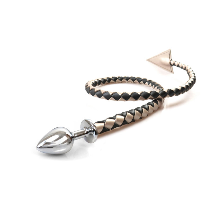 Металлическая анальная пробка M с дьявольским хвостом Art of Sex - Succubus, экокожа, черный/золото