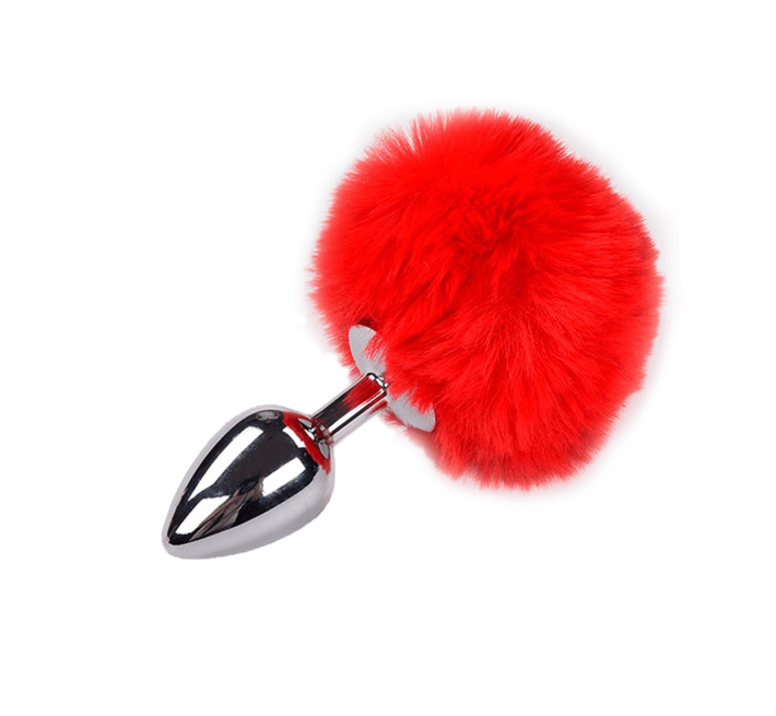 Металева анальна пробка Кролячий хвостик Alive Fluffy Plug M Red, діаметр 3,4 см