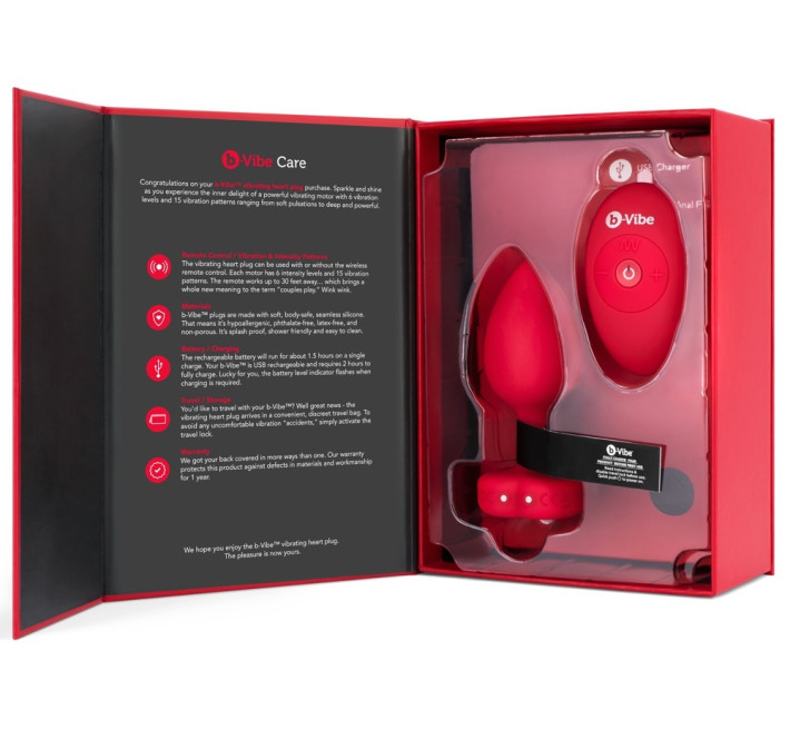 Анальна пробка з вібрацією та пультом керування B-Vibe Vibrating Heart Plug M/L червона