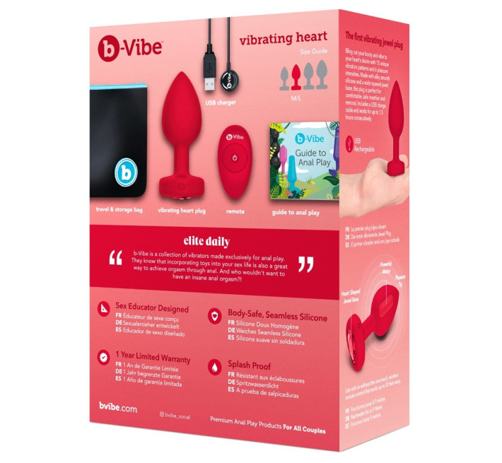 Анальна пробка з вібрацією та пультом керування B-Vibe Vibrating Heart Plug M/L червона