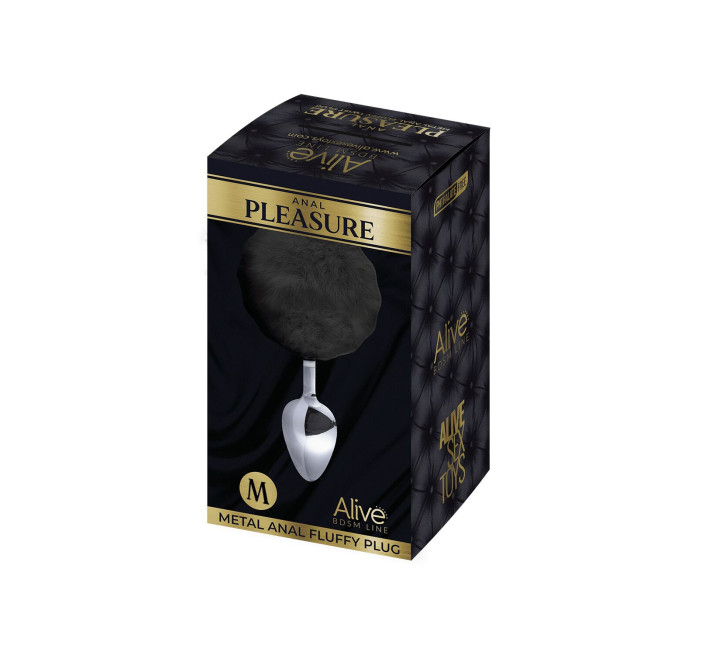 Металева анальна пробка Кролячий хвостик Alive Fluffy Plug M Black, діаметр 3,4 см