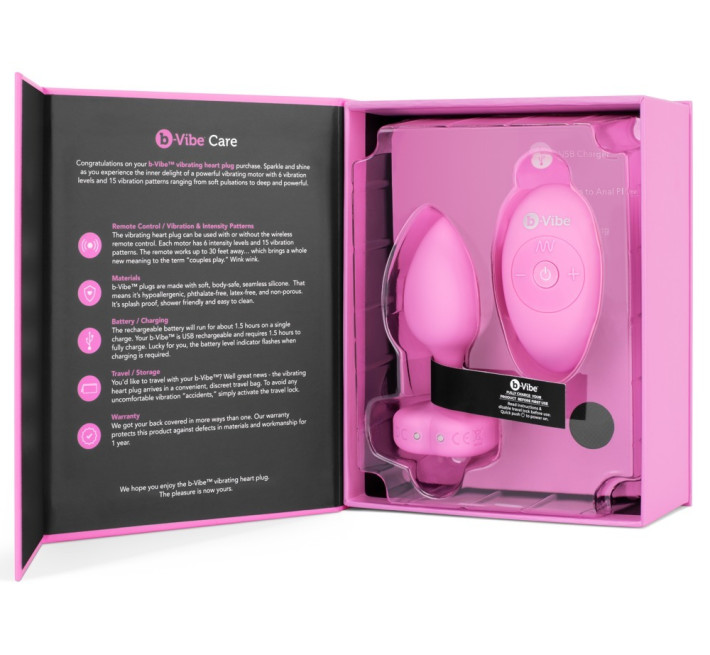 Анальна пробка з вібрацією та пультом керування B-Vibe Vibrating Heart Plug S/M рожева