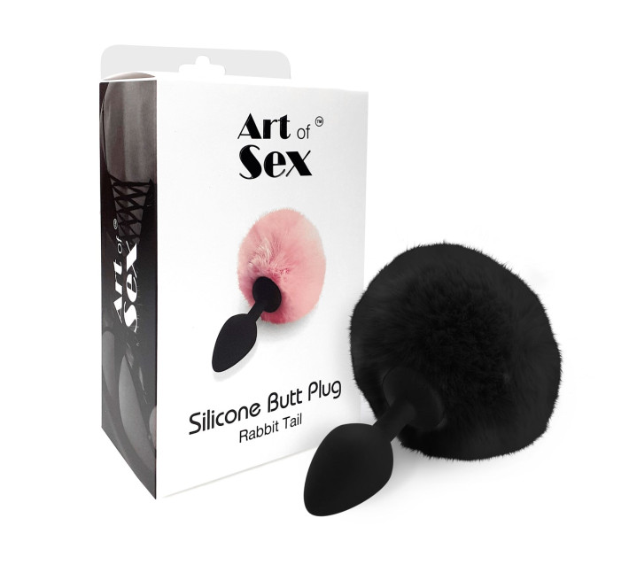 Силіконова анальна пробка М Art of Sex - Silicone Bunny Tails Butt plug Black, діаметр 3,5 см