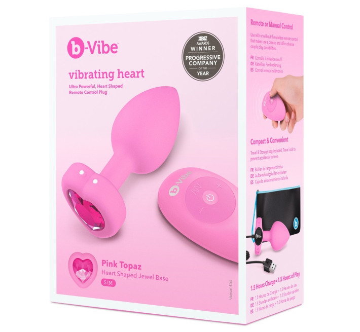 Анальна пробка з вібрацією та пультом керування B-Vibe Vibrating Heart Plug S/M рожева