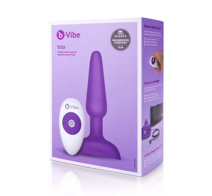 Анальна пробка із 3 моторами B-Vibe Trio Remote Control Butt, фіолетова