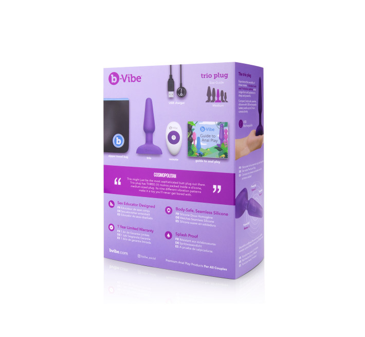 Анальна пробка із 3 моторами B-Vibe Trio Remote Control Butt, фіолетова