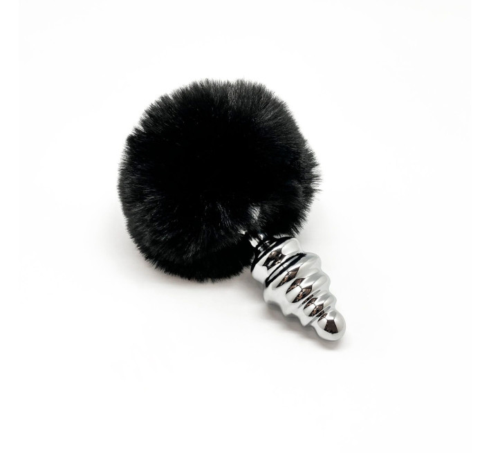 Металева анальна пробка Кролячий хвостик Alive Fluffy Twist Plug M Black, діаметр 3,4 см