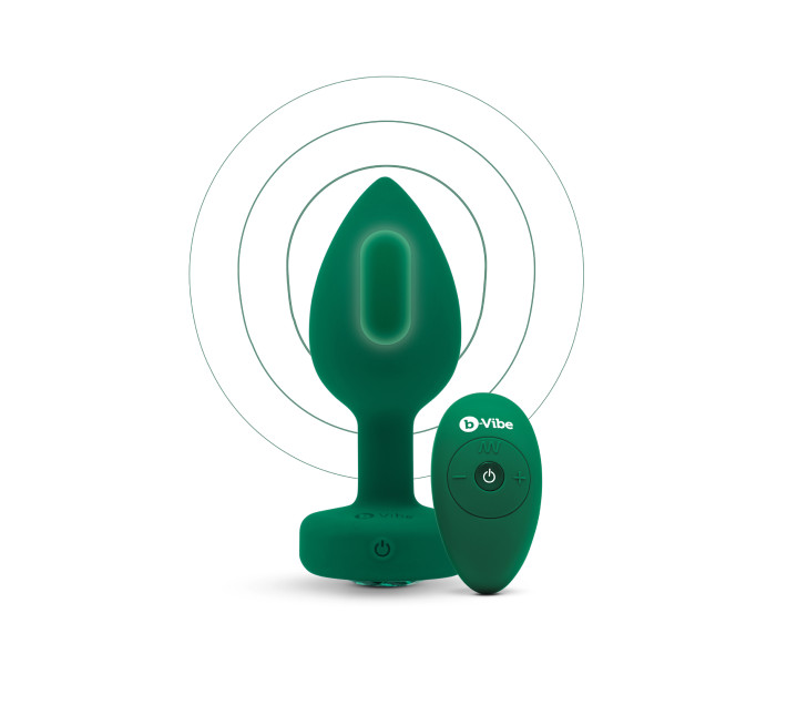 Анальная пробка с вибрацией и пультом B-Vibe Vibrating Jewel Plug, зеленая, M/L