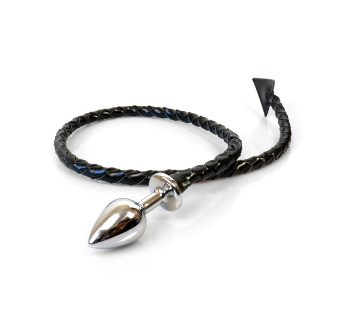 Металлическая анальная пробка L с дьявольским хвостом Art of Sex - Succubus, экокожа, черный