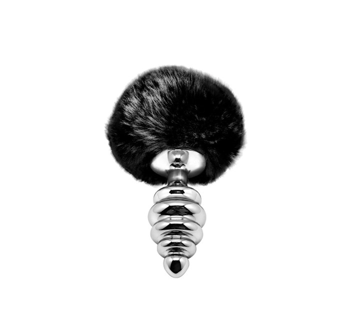 Металева анальна пробка Кролячий хвостик Alive Fluffy Twist Plug M Black, діаметр 3,4 см