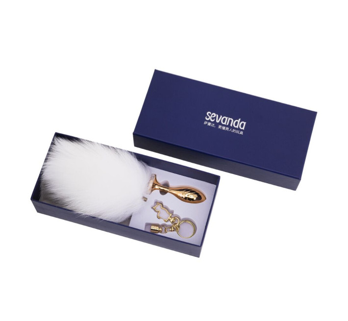 Металева анальна пробка Кролячий хвост LOCKINK SEVANDA White Bunny-Tail Anal Pear-shape Plug