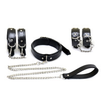 Набір BDSM Art of Sex - Emoji, наручники, поножі, нашийник з повідцем, екошкіра, чорний Набір BDSM Art of Sex - Emoji, наручники, поножі, нашийник з повідцем, екошкіра, чорний