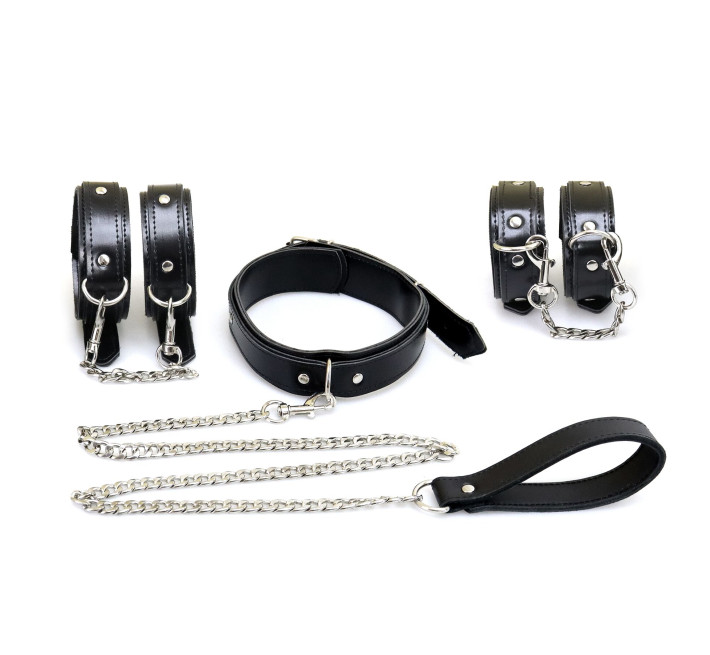 Набор BDSM Art of Sex - Emoji, наручники, поножи, ошейник с поводком, экокожа, черный