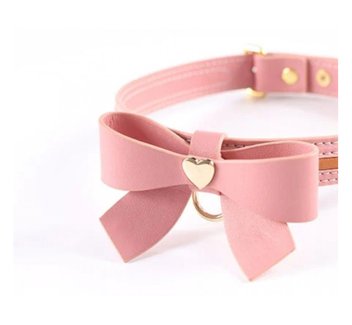 Ошейник с бантиком и поводком Lockink Sevanda, кожа и металл, розовый