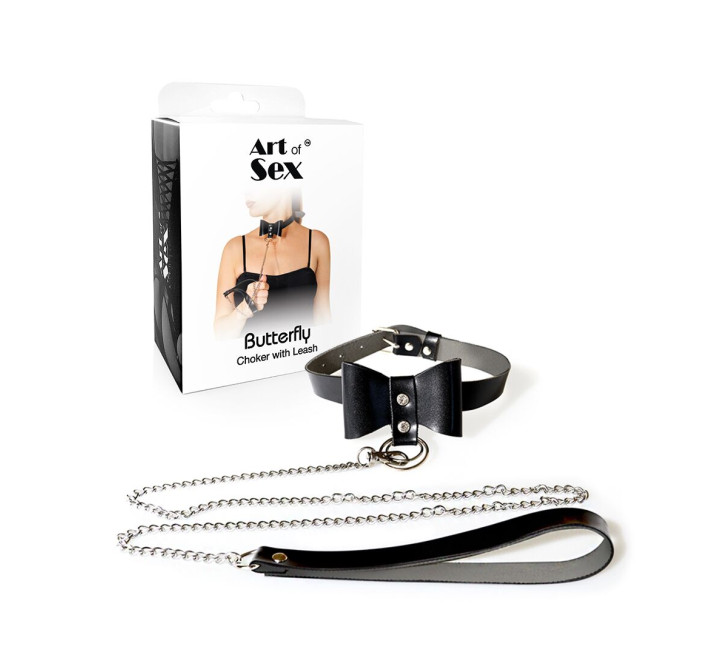 Чокер з повідцем Art of Sex - Butterfly чорний, екошкіра