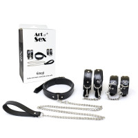 Набір BDSM Art of Sex - Emoji, наручники, поножі, нашийник з повідцем, екошкіра, чорний Набір BDSM Art of Sex - Emoji, наручники, поножі, нашийник з повідцем, екошкіра, чорний