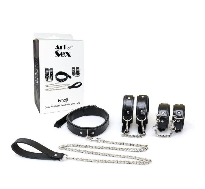 Набор BDSM Art of Sex - Emoji, наручники, поножи, ошейник с поводком, экокожа, черный