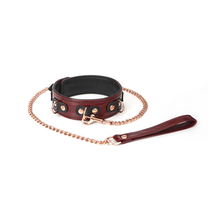 Кожаный ошейник с поводком Liebe Seele Wine Red Collar and Leash, 3 кольца для крепления