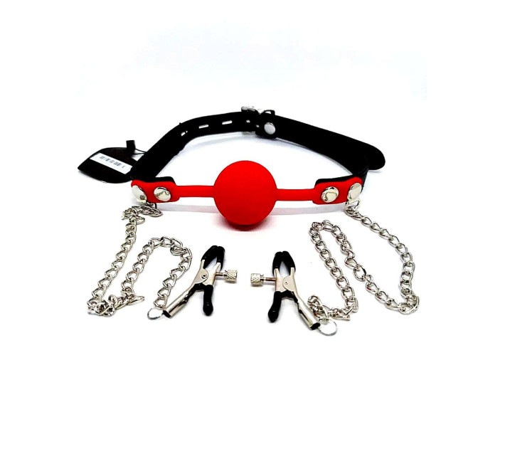 Кляп с зажимами на соски DS Fetish Locking gag with nipple clamps black/red