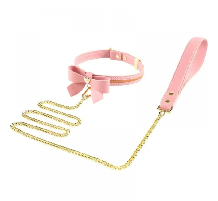 Ошейник с бантиком и поводком Lockink Sevanda, кожа и металл, розовый