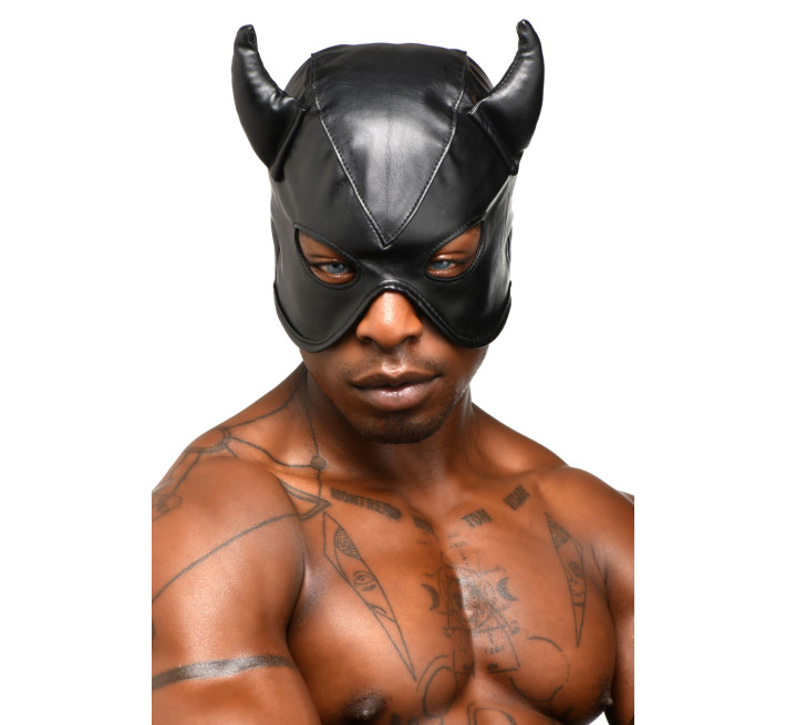 Маска з рогами Master Series: Dungeon Demon Bondage Mask with Horns, чорна