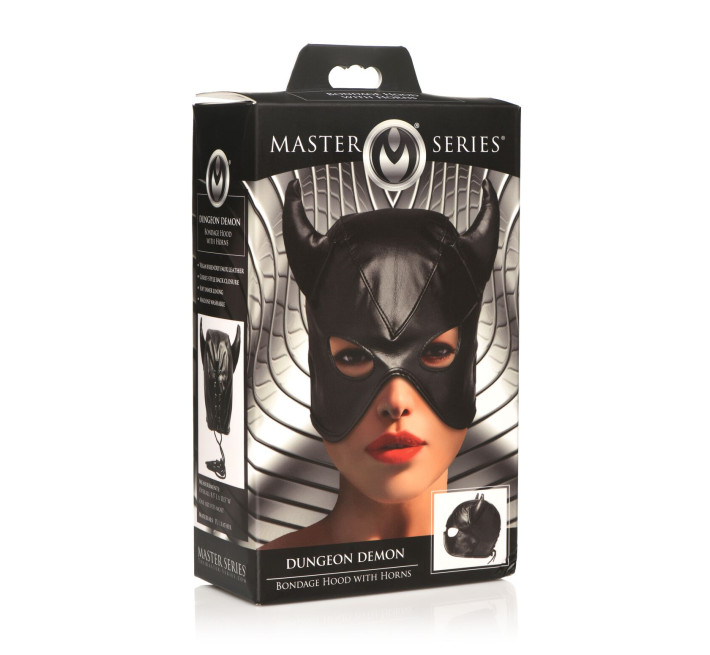 Маска з рогами Master Series: Dungeon Demon Bondage Mask with Horns, чорна