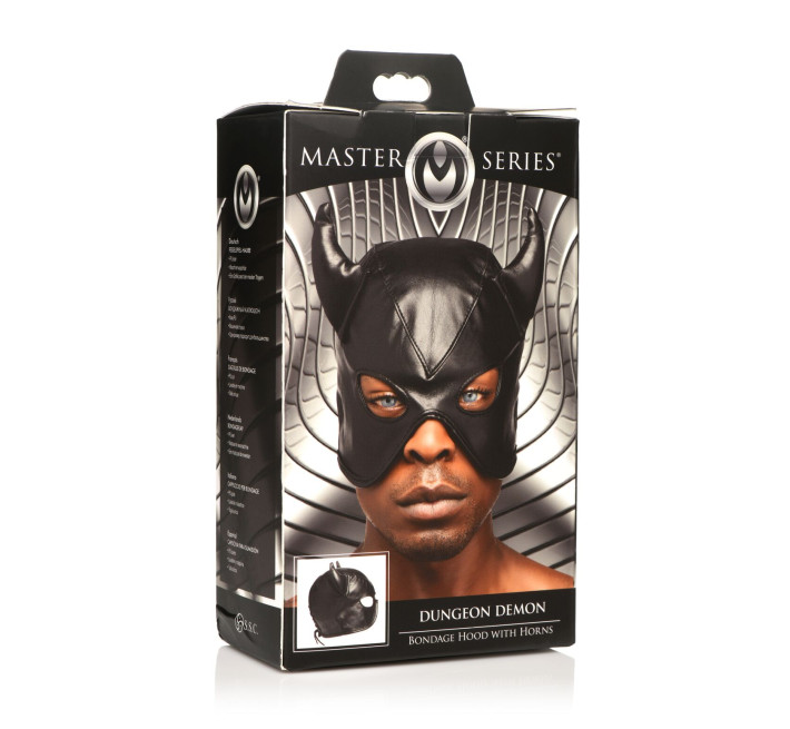 Маска з рогами Master Series: Dungeon Demon Bondage Mask with Horns, чорна