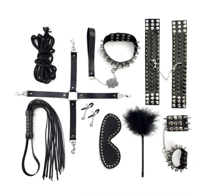 BDSM-набір Art of Sex – Spikes BDSM Set Leather, 10 предметів, чорний, натуральна шкіра