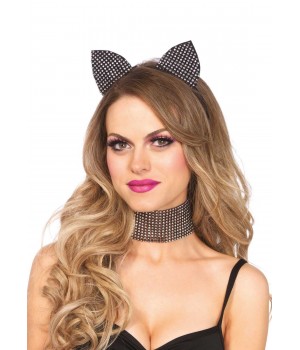 Набір кішечки зі стразами Leg Avenue Cat ear headband & choker set, широкий чокер та вушка