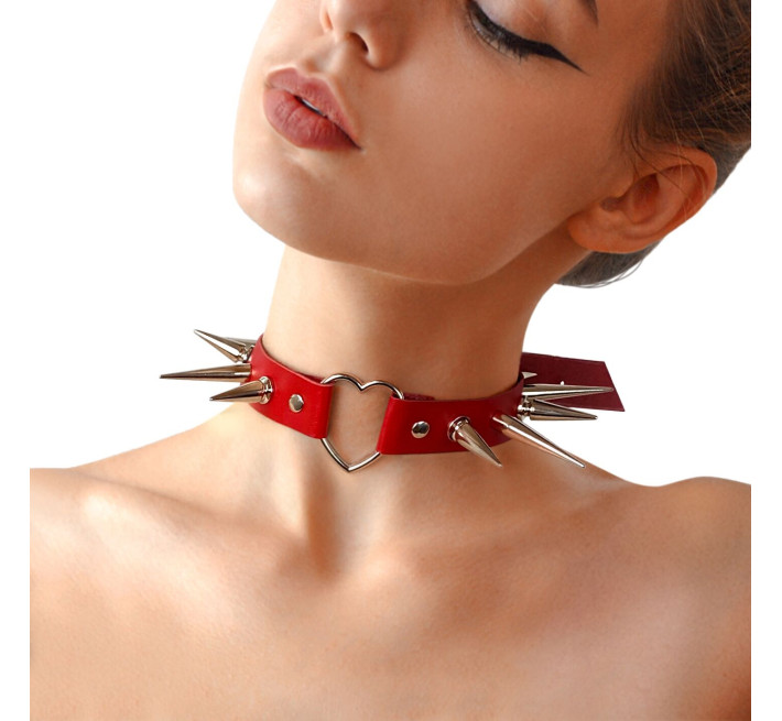 Чокер сердце с большими шипами, из натуральной кожи Art of Sex - Crystal, цвет Красный
