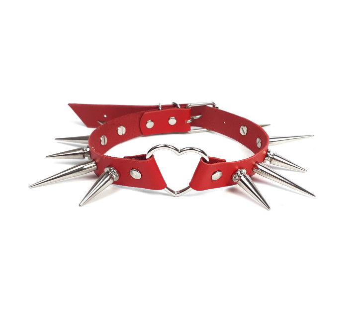 Чокер сердце с большими шипами, из натуральной кожи Art of Sex - Crystal, цвет Красный