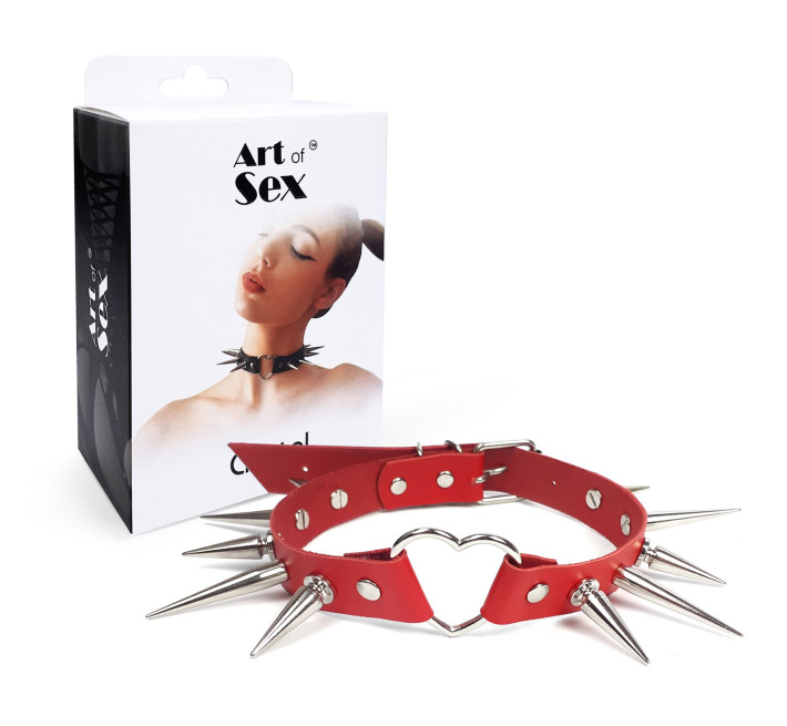 Чокер сердце с большими шипами, из натуральной кожи Art of Sex - Crystal, цвет Красный