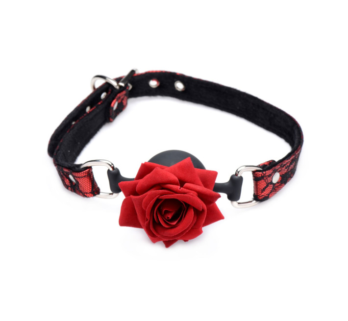 Кляп з трояндою Master Series: Eye-Catching Ball Gag With Rose, чорно-червоний