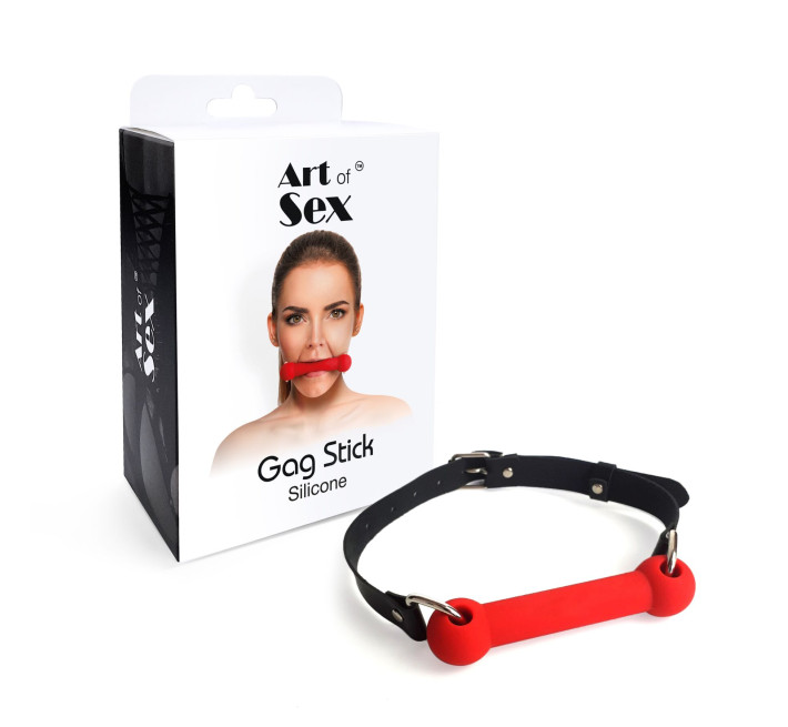 Кляп-палиця на ременях Art of Sex – Gag Stick Silicon, червоний, натуральна шкіра