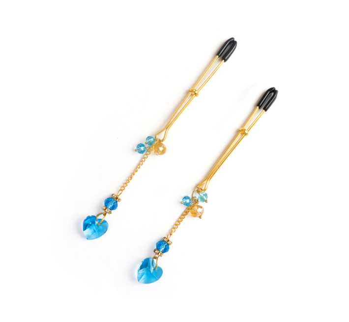 Зажимы для сосков Art of Sex – Crystal Heart Blue, золото