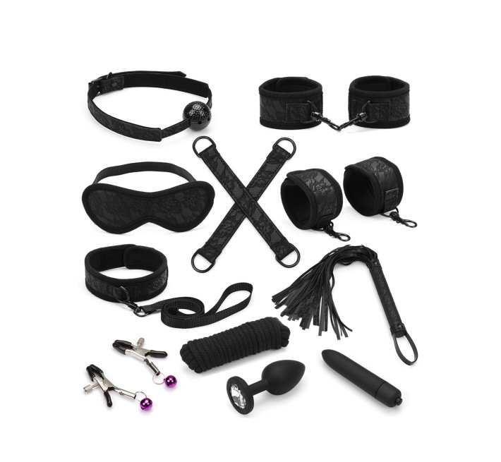 Набір Liebe Seele Black Lace and Neoprene 11pcs Bondage Kit, анальна пробка з кристалом, віброкуля