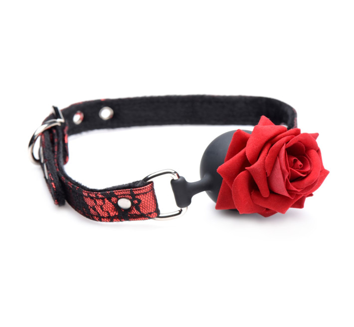 Кляп з трояндою Master Series: Eye-Catching Ball Gag With Rose, чорно-червоний