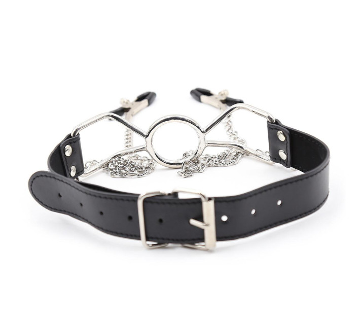Кляп-кільце з затискачами для сосків DS Fetish Ring gag with nipple clamps S metal