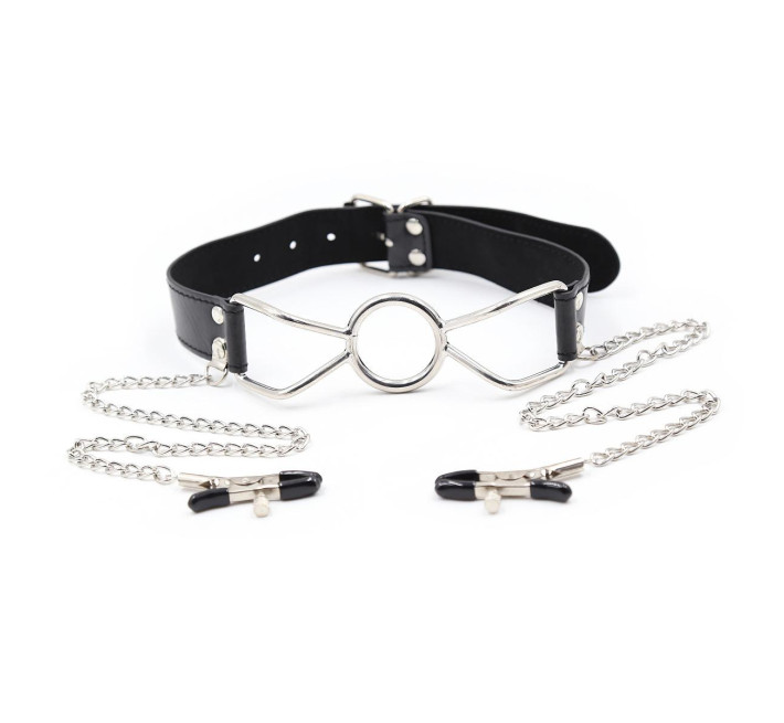 Кляп-кільце з затискачами для сосків DS Fetish Ring gag with nipple clamps S metal