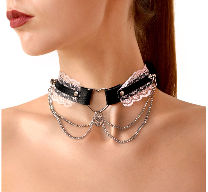 Сексуальный чокер Art of Sex - Karen из натуральной кожи, Черно-розовый