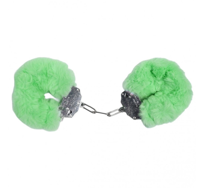 Наручники DS Fetish Plush handcuffs, метал із хутром, зелені