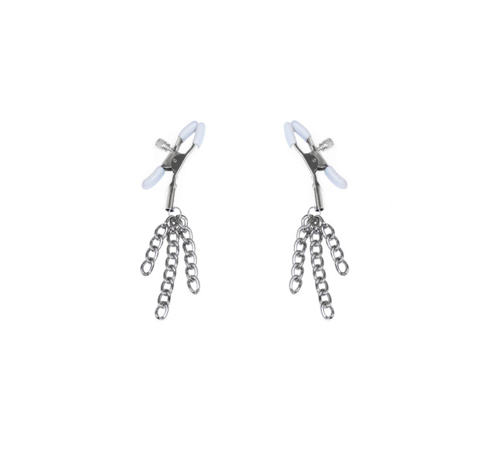 Затискачі для сосків з пензликами Feral Feelings - Nipple clamps Tassels, срібло/білий