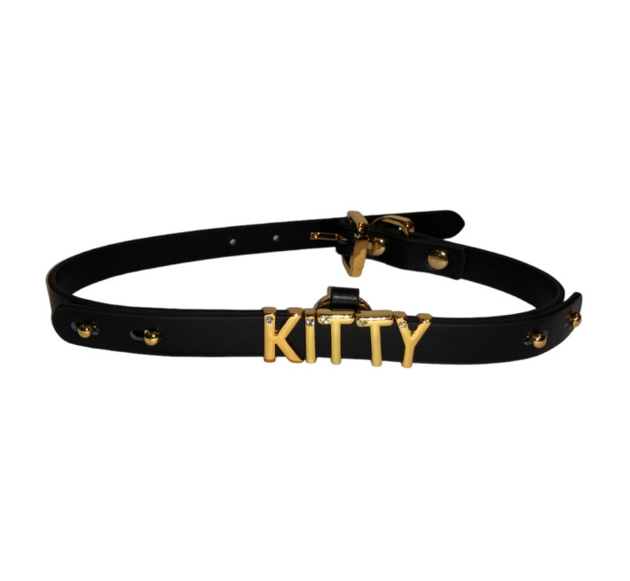 Чокер UPKO з написом KITTY з італійської шкіри, чорний із золотою фурнітурою