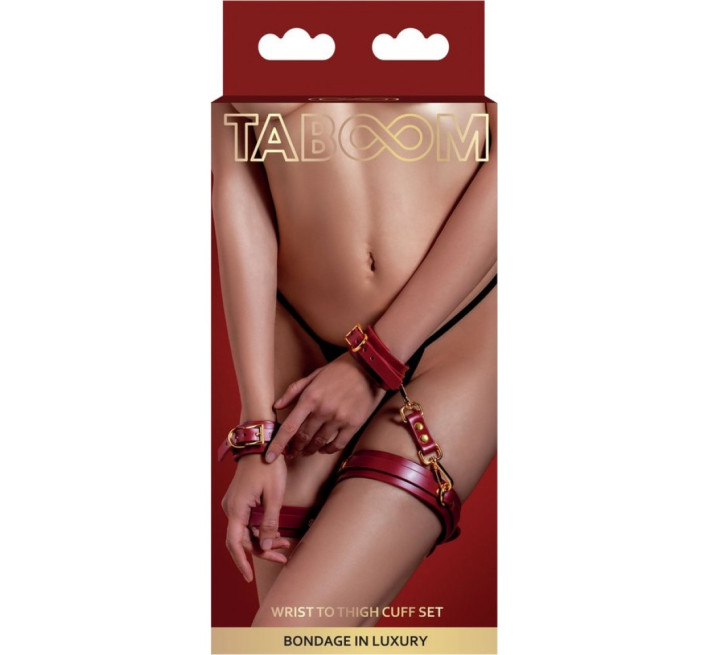 Фіксатори на стегна з наручниками та карабінами Taboom, червоні, із золотистою фурнітурою