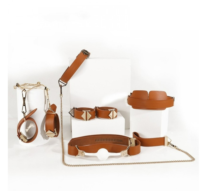 Набір девайсів для БДСМ Lockink, натуральна шкіра та метал, коричневий, 7 предметів